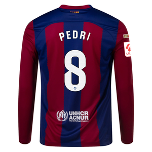 Nike Barcelona Pedri Home Long Sleeve Jersey 23/24 w/ La Liga Champions Patches (Deep Royal/Noble Red)