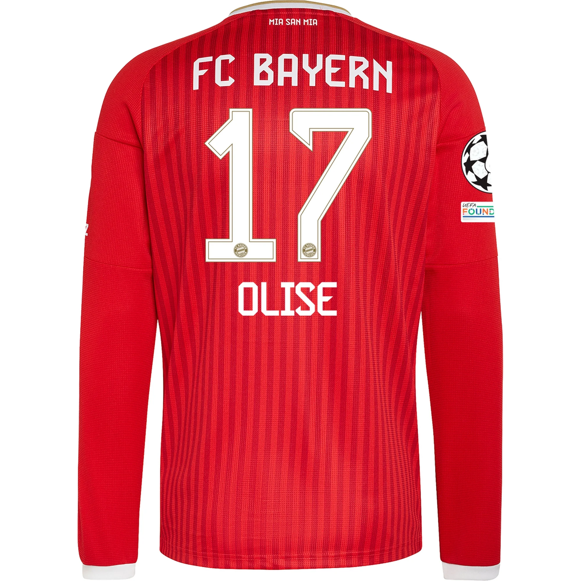 adidas Mens Bayern Munich Michael Olise Long Sleeve Home Jersey w/ Champions League Patches 26/27 (Red)