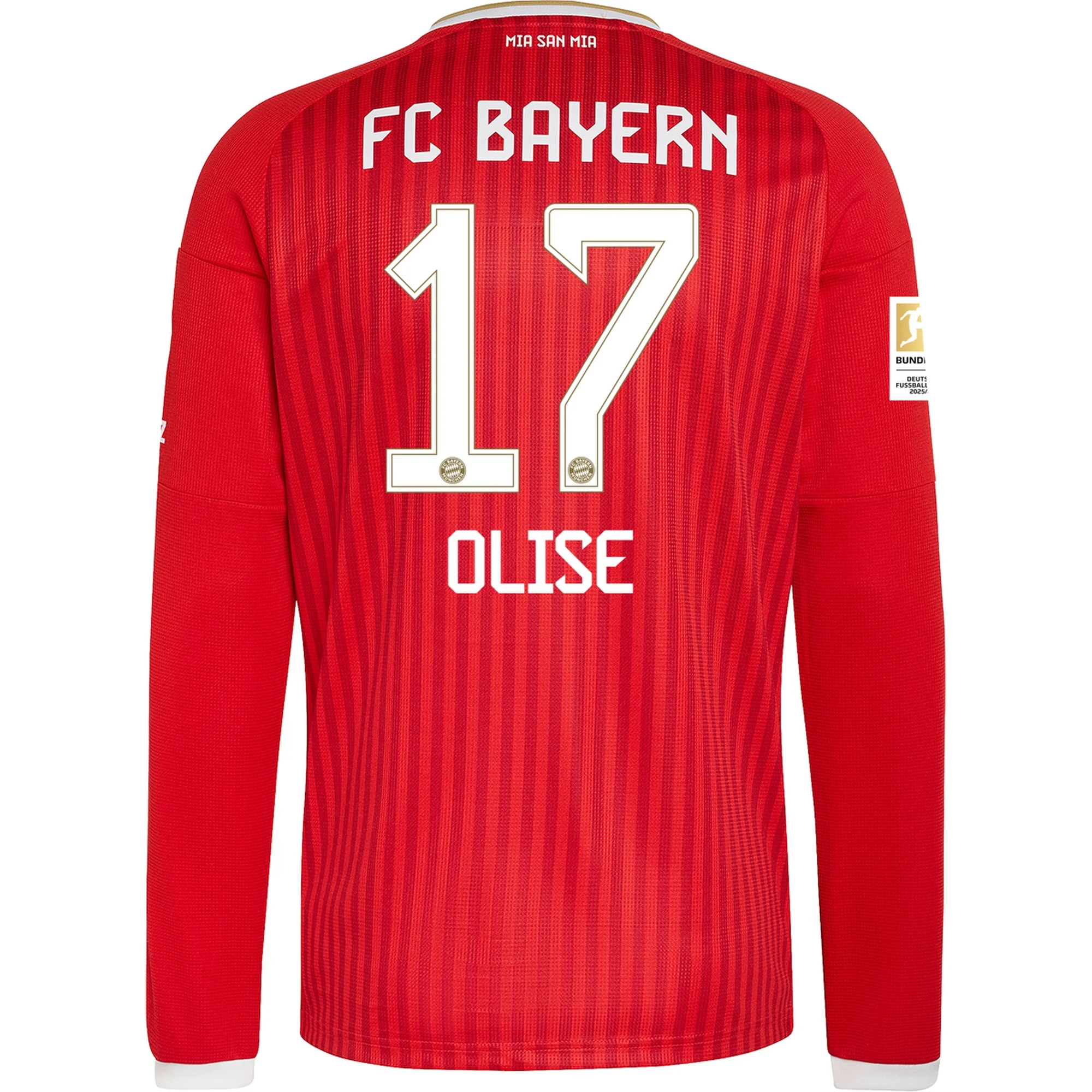 adidas Mens Bayern Munich Michael Olise Long Sleeve Home Jersey w/ Bundesliga Champion Patch 26/27 (Red)