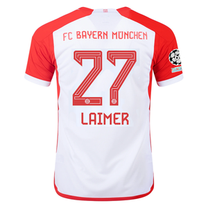 adidas Bayern Munich Konrad Laimer Home Jersey 23/24 w/ Champions League Patches (White/Red)