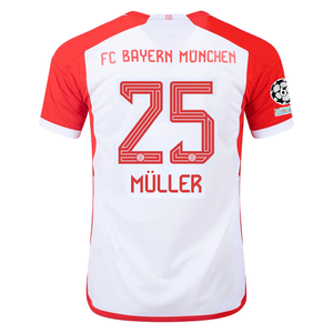adidas Bayern Munich Thomas Müller Home Jersey 23/24 w/ Champions League Patches (White/Red)
