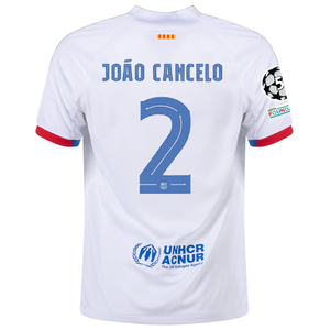 Nike Barcelona João Cancelo Away Jersey w/ Champions League Patches 23/24 (White/Royal Blue)