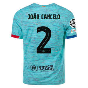 Nike Barcelona Authentic Joao Cancelo Match Vaporknit Third Jersey w/ Champions League Patches 23/24 (Light Aqua/Royal Blue)