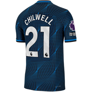 Nike Chelsea Authentic Ben Chilwell Match Vaporknit Away Jersey w/ EPL + No Room For Racism Patches 23/24 (Soar/Club Gold)