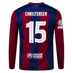 Nike Barcelona Home Christensen Long Sleeve Jersey w/ Champions League Patches 23/24  (Deep Royal/Noble Red)