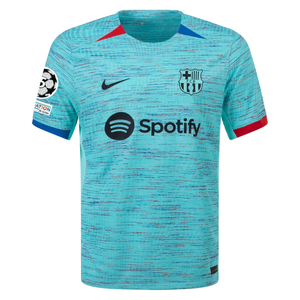 Nike Barcelona Authentic Ferran Torres Match Vaporknit Third Jersey w/ Champions League Patches 23/24 (Light Aqua/Royal Blue)