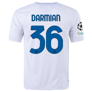 Nike Inter Milan Matteo Darmian Away Jersey w/ Champions League + Copa Italia Patches 23/24 (White/Lyon Blue)