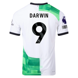 Nike Liverpool Authentic Darwin Nunez Match Away Jersey w/ EPL + No Room For Racism Patches 23/24 (White/Green Spark)