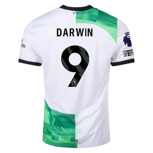 Nike Liverpool Away Darwin Nunez Jersey w/ EPL + No Room For Racism Patches 23/24 (White/Green Spark)