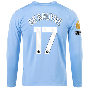Puma Manchester City Kevin De Bruyne Home Long Sleeve Jersey w/ EPL + No Room For Racism + Club World Cup Patches 23/24 (Team Light Blue/Puma White)