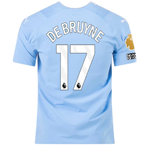 Puma Manchester City Authentic Kevin De Bruyne Home Jersey w/ EPL + No Room For Racism + Club World Cup Patches 23/24 (Team Light Blue/Puma White)