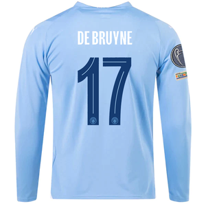 Puma Manchester City Kevin De Bruyne Home Long Sleeve Jersey w/ Champions League Patches 23/24 (Team Light Blue/Puma White)