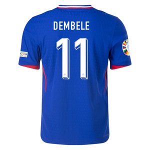 Nike Mens France Authentic Ousmane Dembele Match Home Jersey w/ Euro 2024 Patches 24/25 (Bright Blue/University Red)