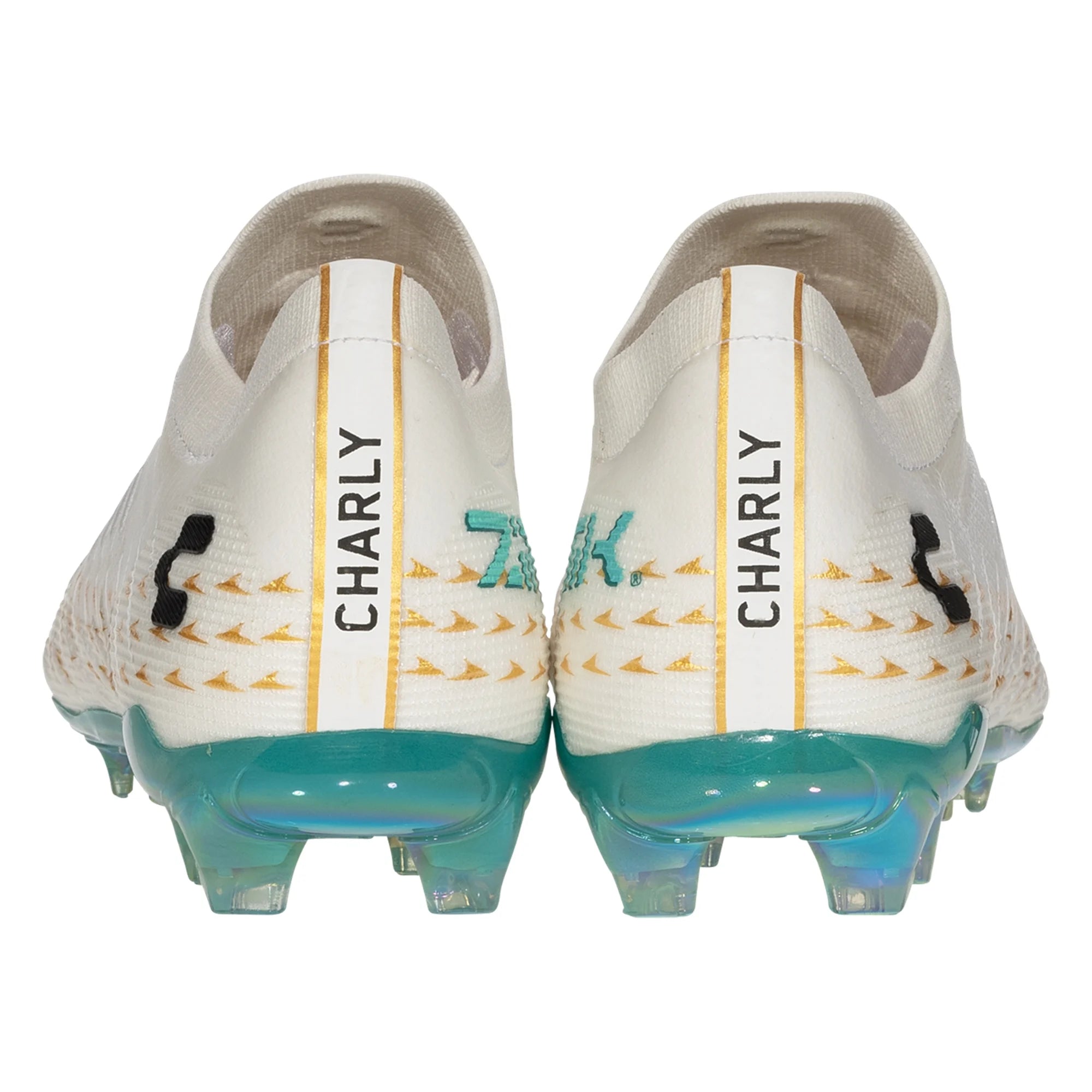 White soccer cleat with gold accents on a white background