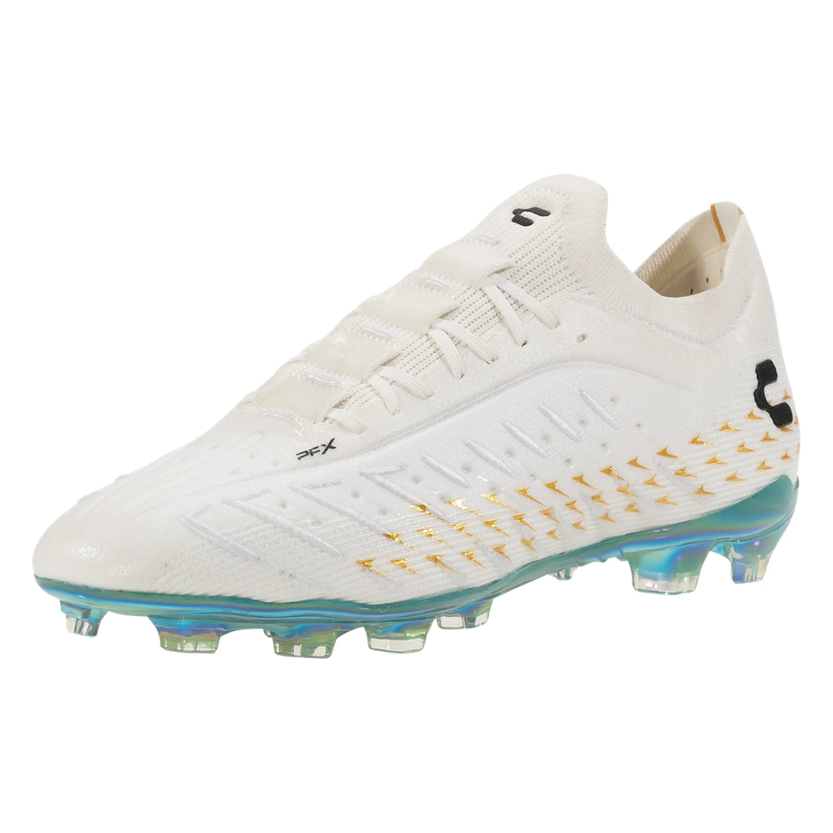 White soccer cleat with gold accents on a white background