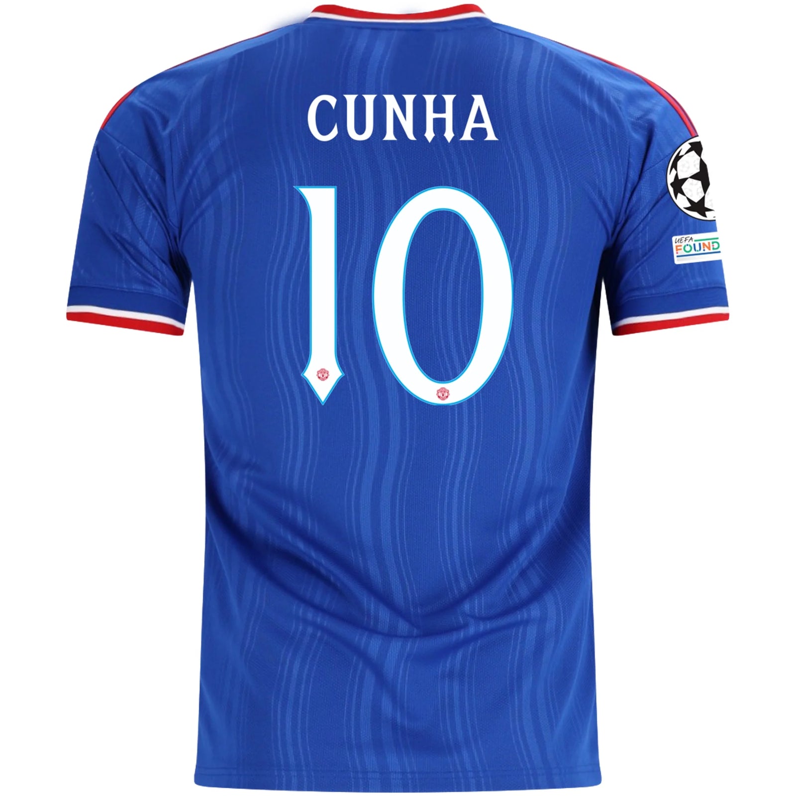 adidas Mens Manchester United Matheus Cunha Away Jersey w/ Champions League Patches 26/27 (Blue)