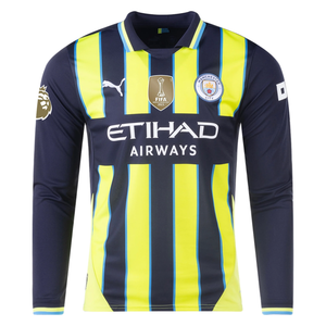 Puma Manchester City Jeremy Doku Long Sleeve Away Jersey w/ EPL + Club World Cup Patch 24/25 (New Navy/Yellow Glow)