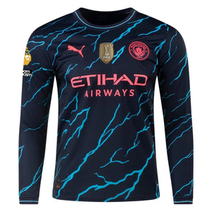 Puma Manchester City Manuel Akanji Third Long Sleeve Jersey w/ EPL + No Room For Racism + Club World Cup Patches 23/24 (Dark Navy/Hero Blue)
