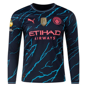 Puma Manchester City Kevin De Bruyne Third Long Sleeve Jersey w/ EPL + No Room For Racism + Club World Cup Patches 23/24 (Dark Navy/Hero Blue)