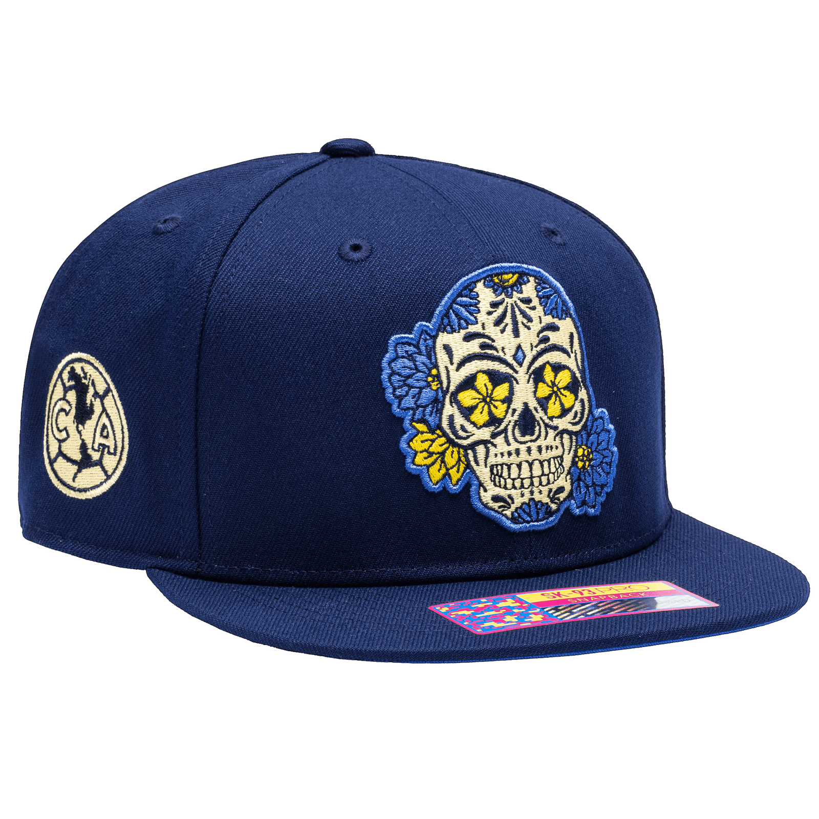 Fan Ink Club America Skull Dia De Los Muertos Snapback Hat (Navy/Yellow) | SoccerWearhouse