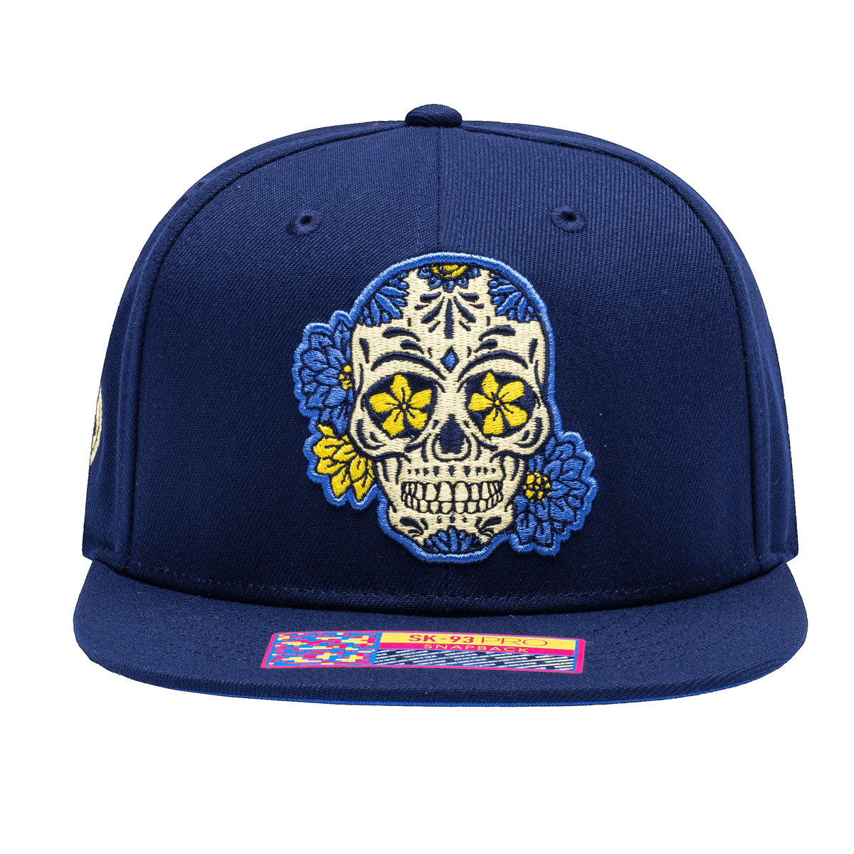 Fan Ink Club America Skull Dia De Los Muertos Snapback Hat (Navy/Yellow) | SoccerWearhouse
