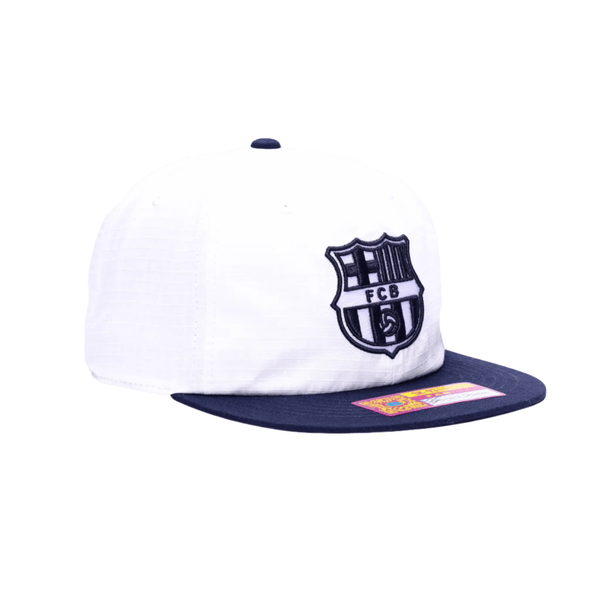 Fan Ink FC Barcelona Swingman Wax Snapback Adjustable Hat (White/Navy)