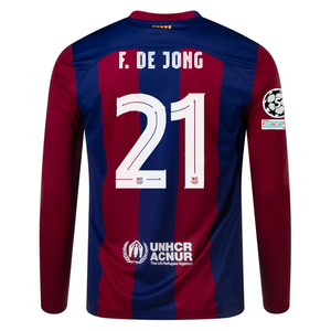 Nike Barcelona Home Frenkie De Jong Long Sleeve Jersey w/ Champions League Patches 23/24  (Deep Royal/Noble Red)