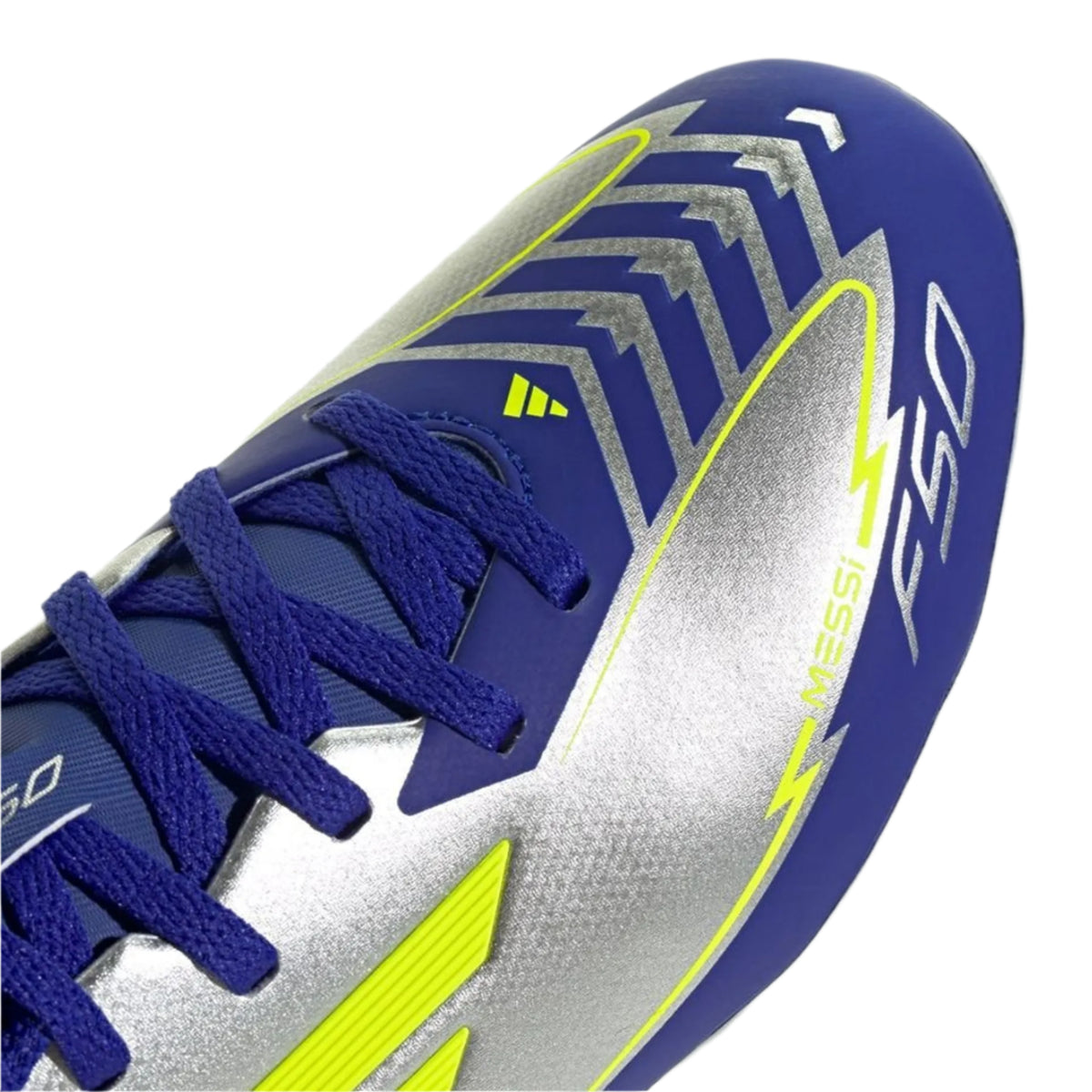adidas Youth Jr. F50 Messi League FG/MG J Socce Cleats (Silver Metallic/Solar Yellow/Lucid Blue)