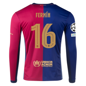 Nike Barcelona Fermín López Home Long Sleeve Jersey w/ Champions League Patches 24/25 (Royal/Nobel Red/Club Gold)