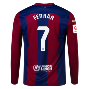 Nike Barcelona Ferran Torres Home Long Sleeve Jersey 23/24 w/ La Liga Champions Patches (Deep Royal/Noble Red)