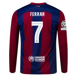 Nike Barcelona Home Ferran Torres Long Sleeve Jersey w/ Champions League Patches 23/24  (Deep Royal/Noble Red)