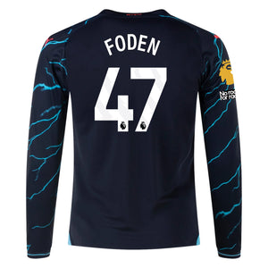 Puma Manchester City Phil Foden Third Long Sleeve Jersey w/ EPL + No Room For Racism + Club World Cup Patches 23/24 (Dark Navy/Hero Blue)