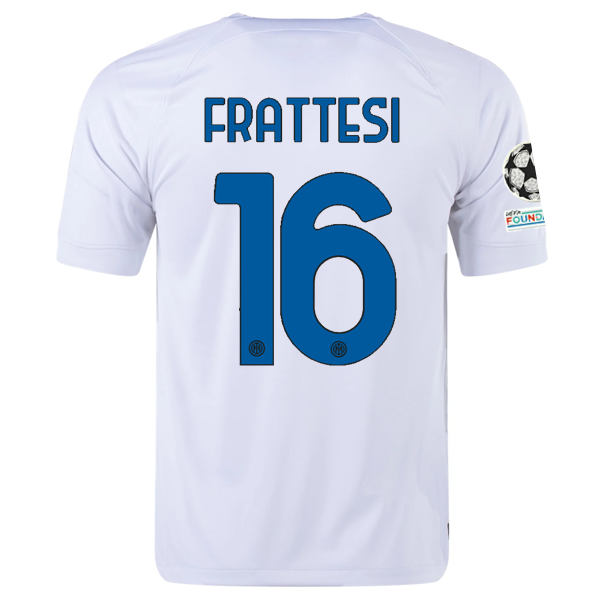 Nike Inter Milan Davide Frattesi Away Jersey w/ Champions League + Copa Italia Patches 23/24 (White/Lyon Blue)