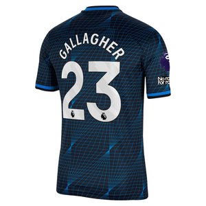 Nike Chelsea Connor Gallagher Away Jersey w/ EPL + No Room For Racism Patches 23/24 (Soar/Club Gold)