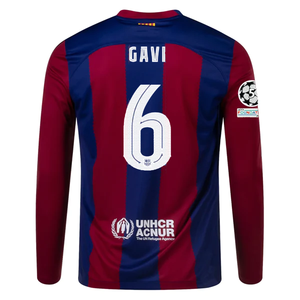 Nike Barcelona Home Gavi Long Sleeve Jersey w/ Champions League Patches 23/24  (Deep Royal/Noble Red)