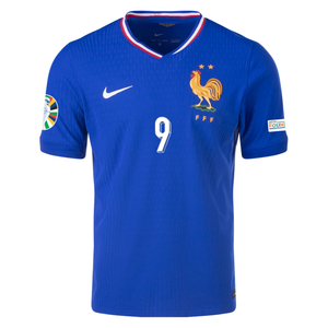 Nike Mens France Authentic Oliver Giroud Match Home Jersey w/ Euro 2024 Patches 24/25 (Bright Blue/University Red)