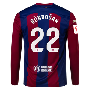 Nike Barcelona Ilkay Gundogan Home Long Sleeve Jersey 23/24 w/ La Liga Champions Patches (Deep Royal/Noble Red)