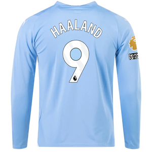Puma Manchester City Erling Haaland Home Long Sleeve Jersey w/ EPL + No Room For Racism + Club World Cup Patches 23/24 (Team Light Blue/Puma White)