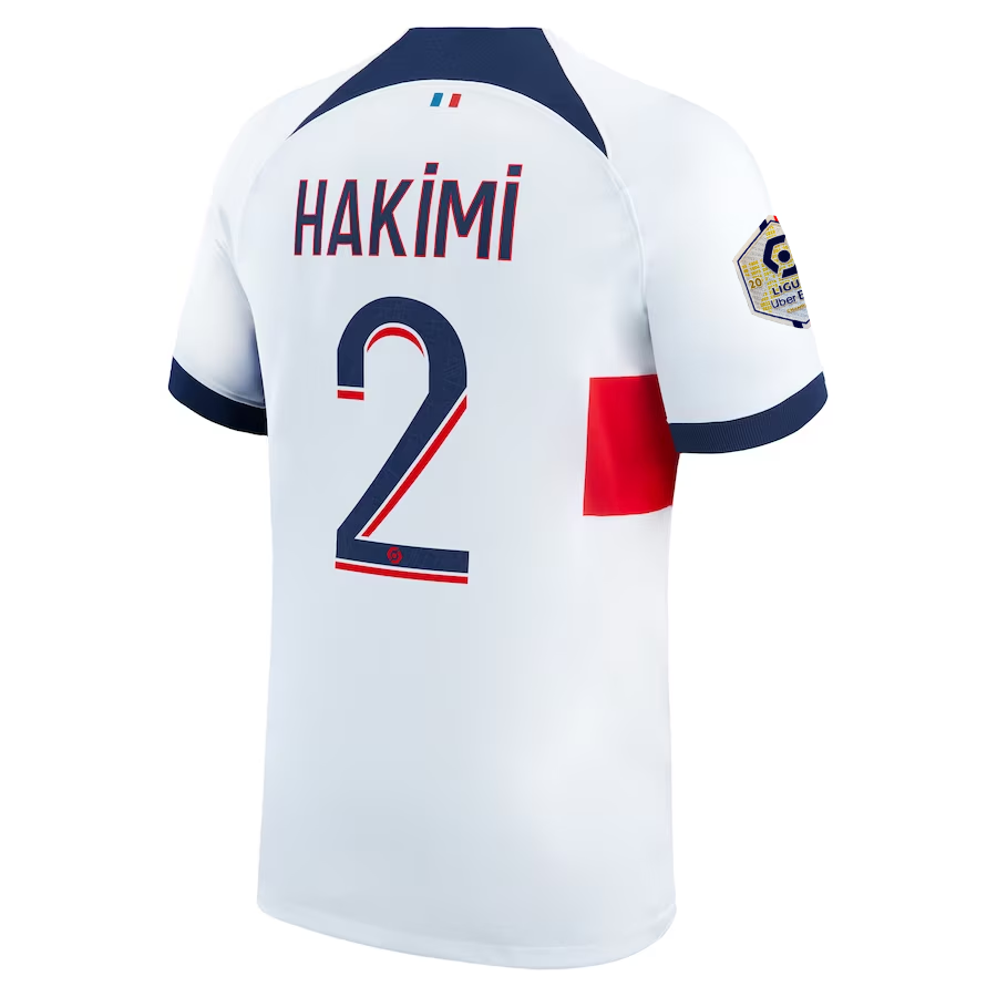 Nike Paris Saint-Germain Achraf Hakimi Away Jersey w/ Ligue 1 Patch 23/24 (White/Midnight Navy) Size S