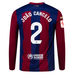 Nike Barcelona Joao Cancelo Home Long Sleeve Jersey 23/24 w/ La Liga Champions Patches (Deep Royal/Noble Red)