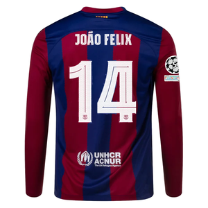 Nike Barcelona Home Joao Felix Long Sleeve Jersey w/ Champions League Patches 23/24  (Deep Royal/Noble Red)