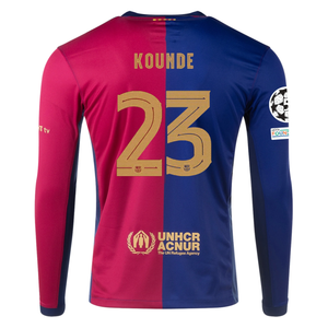 Nike Barcelona Jules Koundé Home Long Sleeve Jersey w/ Champions League Patches 24/25 (Royal/Nobel Red/Club Gold)