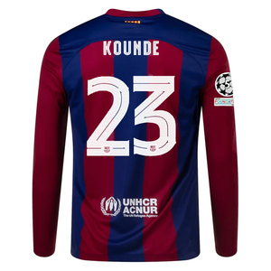 Nike Barcelona Home Jules Kounde Long Sleeve Jersey w/ Champions League Patches 23/24  (Deep Royal/Noble Red)