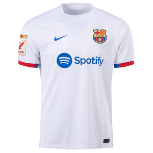 Nike Barcelona Sergi Roberto Away Jersey w/ La Liga Champions Patches 23/24 (White/Royal Blue)