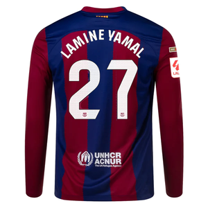 Nike Barcelona Lamine Yamal Home Long Sleeve Jersey 23/24 w/ La Liga Champions Patches (Deep Royal/Noble Red)