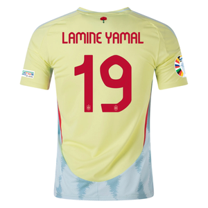 adidas Mens Spain Lamine Yamal Away Jersey w/ Nations League Champion + Euro 2024 Patches 24/25 (Pulse Yellow/Halo Mint)