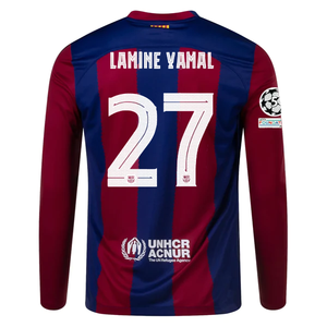 Nike Barcelona Home Lamine Yamal Long Sleeve Jersey w/ Champions League Patches 23/24  (Deep Royal/Noble Red)