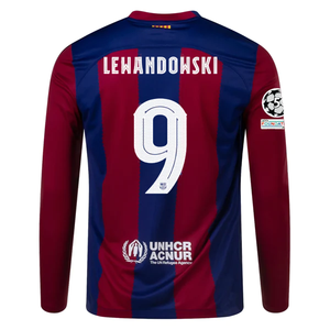 Nike Barcelona Home Robert Lewandowski Long Sleeve Jersey w/ Champions League Patches 23/24  (Deep Royal/Noble Red)