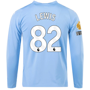 Puma Manchester City Rico Lewis Home Long Sleeve Jersey w/ EPL + No Room For Racism Patches 23/24 (Team Light Blue/Puma White)