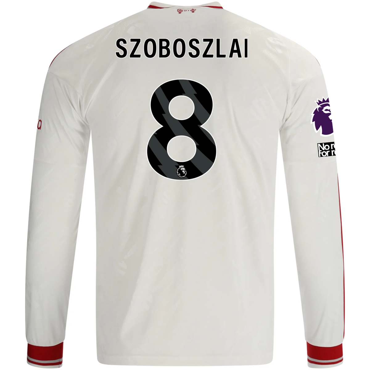 adidas Mens Liverpool Domink Szoboszlai Long Sleeve Away Jersey w/ EPL + No Room For Racism Patches 26/27 (White/Red)